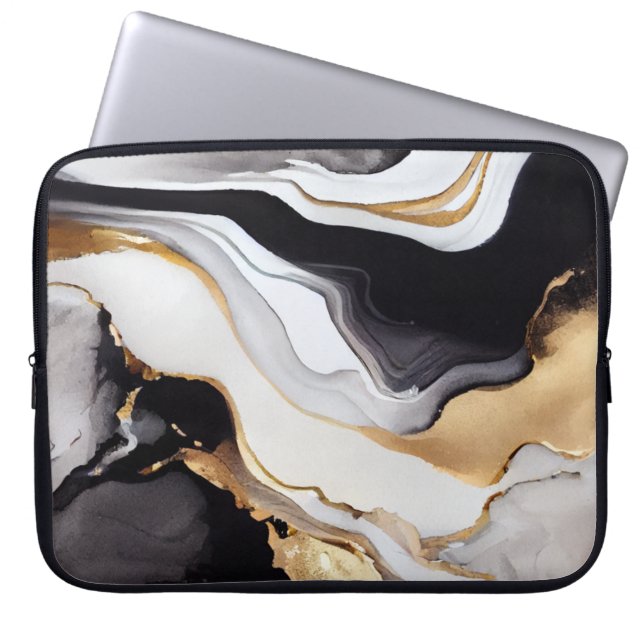 Luxurious Black White and Gold Marble Design  Laptop Sleeve (Front)
