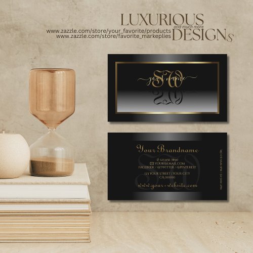 Luxurious Black White Ombre Gold Frame Initials Business Card
