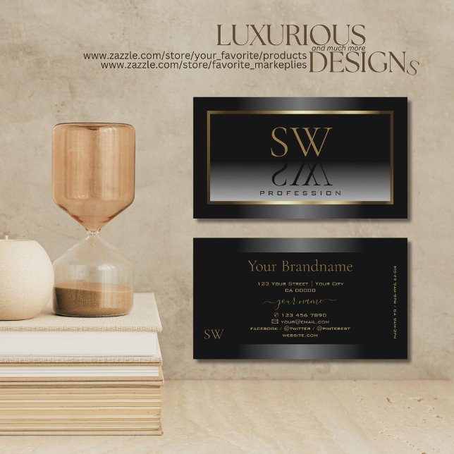 Luxurious Black White Ombre Gold Frame Monogram Business Card (Creator Uploaded)