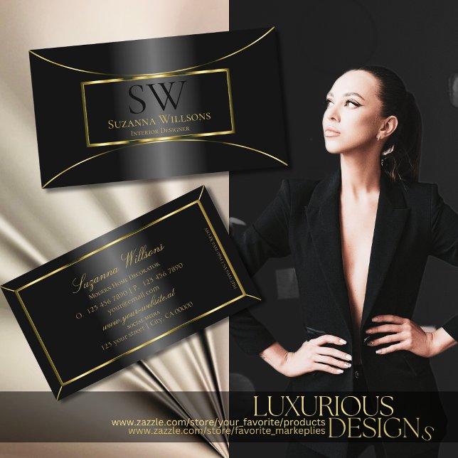 Luxurious Black with Gold Decor and Monogram Luxe Business Card (Creator Uploaded)