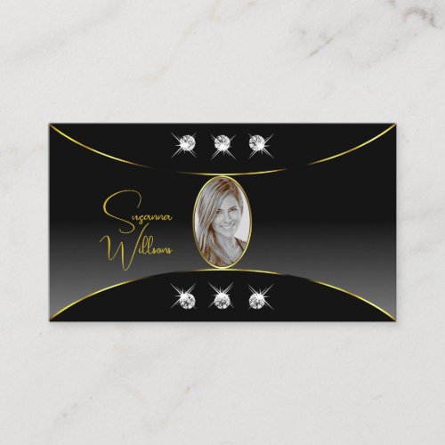 Luxurious Black with Gold Decor Diamonds and Photo Business Card
