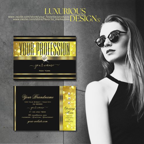 Luxurious Black Yellow Glitter Diamonds Gold Decor Business Card