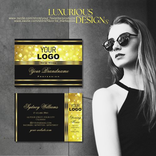 Luxurious Black Yellow Glitter Gold Decor add Logo Business Card