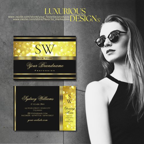 Luxurious Black Yellow Glitter Gold Decor Monogram Business Card