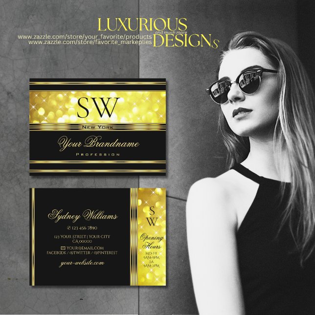 Luxurious Black Yellow Glitter Gold Decor Monogram Business Card (Creator Uploaded)