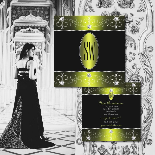 Luxurious Black Yellow Ornate Ornaments Initials Square Business Card (Creator Uploaded)