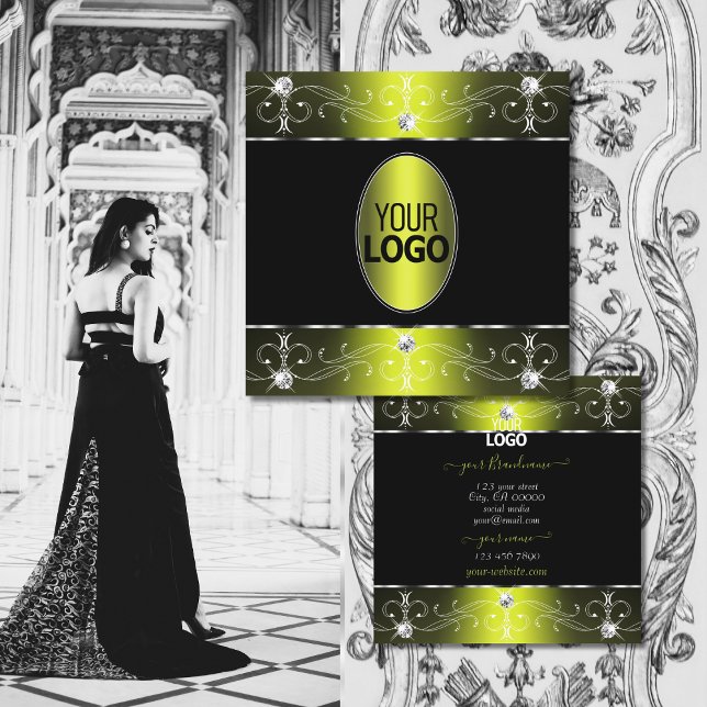 Luxurious Black Yellow Ornate Ornaments with Logo Square Business Card (Creator Uploaded)