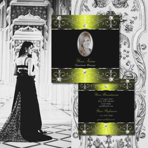 Luxurious Black Yellow Ornate Ornaments with Photo Square Business Card