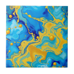 Luxurious Blue and Gold Alcohol Ink Abstract Ceramic Tile