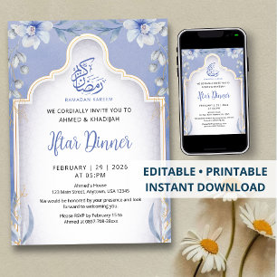 Luxurious Blue and Gold Floral Iftar Dinner Invitation