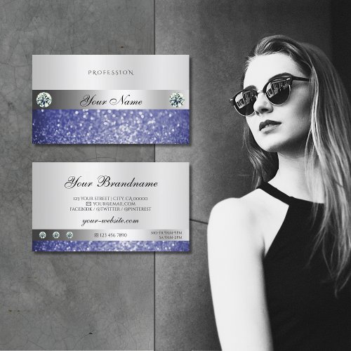 Luxurious Blue Glitter Diamonds Shimmery Silver Business Card