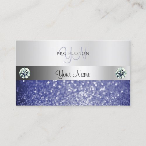 Luxurious Blue Glitter Monogram Shimmery Silver Business Card