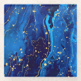 Luxurious Blue Gold Marble Texture Glass Coaster