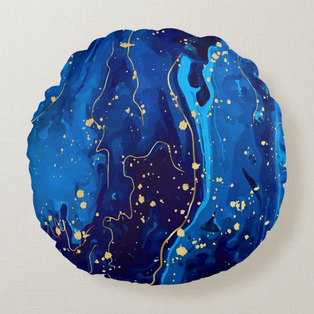 Luxurious Blue Gold Marble Texture Round Pillow (Front)