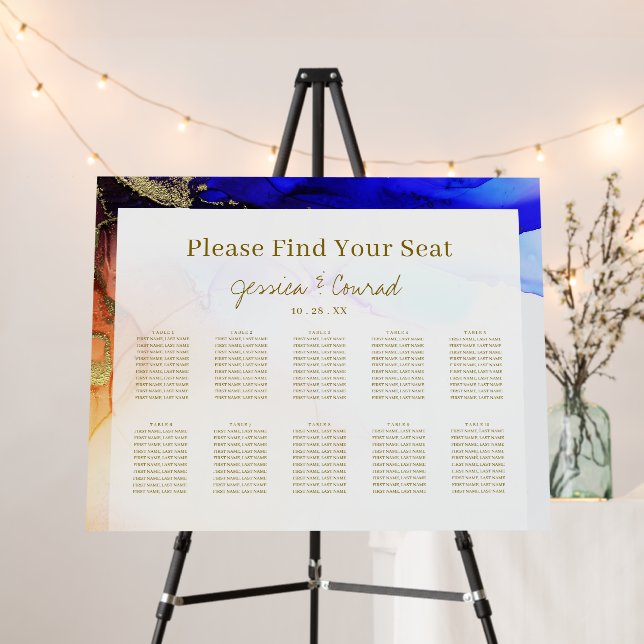 Luxurious Blue & Orange Wedding Seating Chart Foam Board (In Situ (Stand))