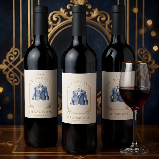 Luxurious Blue Suit Ornamental Dome Arch Effect Wine Label (Luxurious Blue Suit Ornamental Dome Arch Effect Groomsman or Best Man Wine Labels Proposal.)