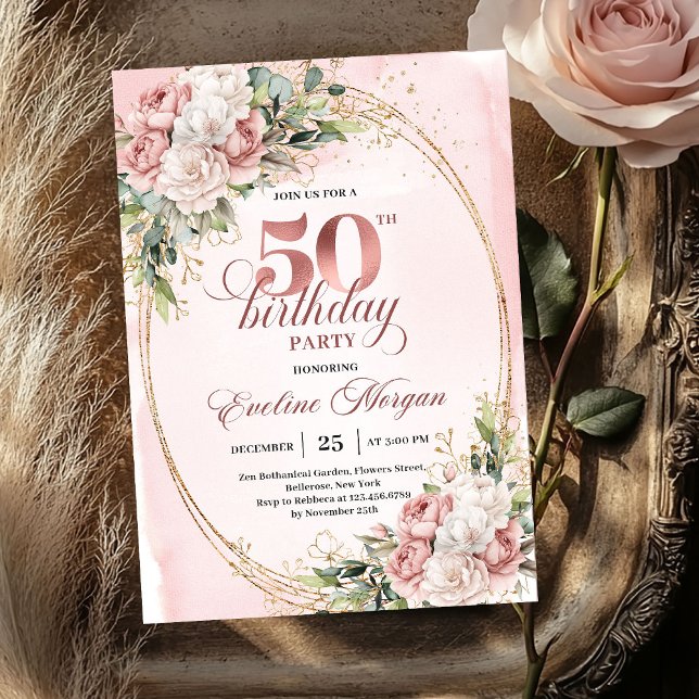 Luxurious Blush Floral Greenery 50th Birthday  Invitation (Luxurious Blush Floral Greenery 50th Birthday Invite)
