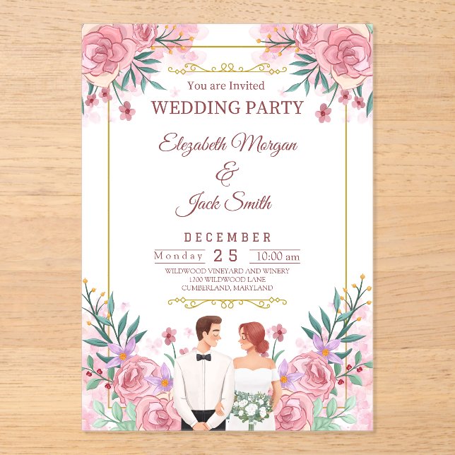 Luxurious Boho Floral Greenery Wedding Acrylic Invitations (Front)