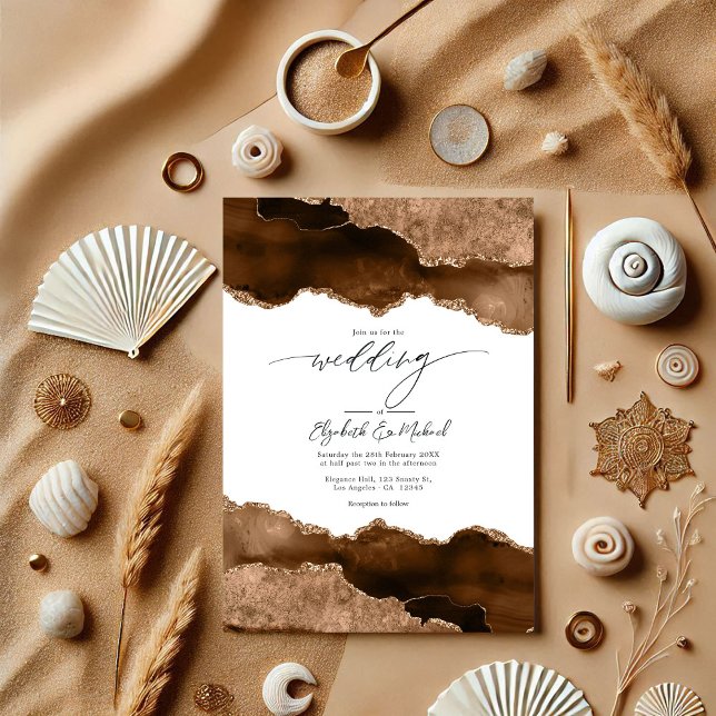 Luxurious Brown & Gold Agate Wedding QR Code Rsvp  Invitation (Luxurious Brown & Gold Agate Wedding QR Code Rsvp Invitation)
