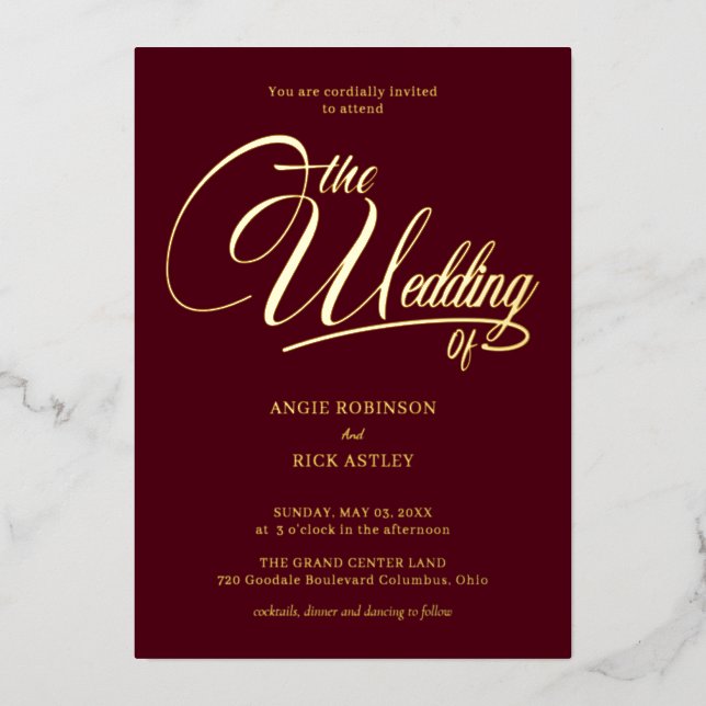 Luxurious Burgundy and Gold Foil-Stamped Wedding  Foil Invitation (Front)