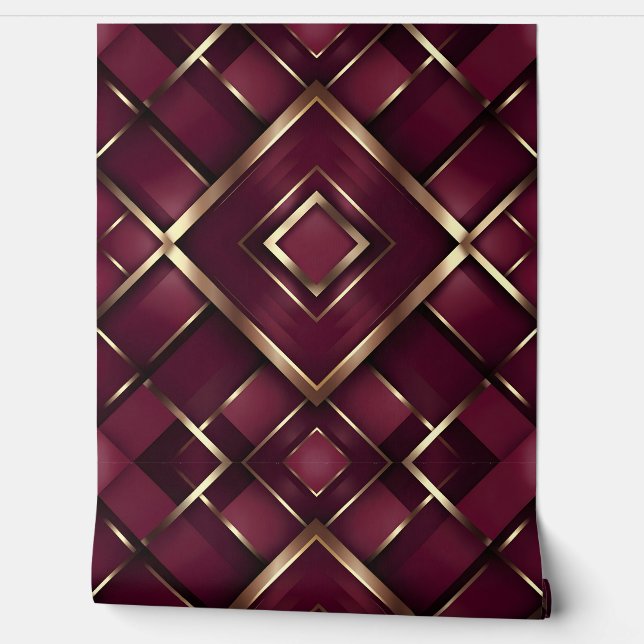 Luxurious Burgundy and Gold Geometric Pattern Wallpaper (Unrolling)