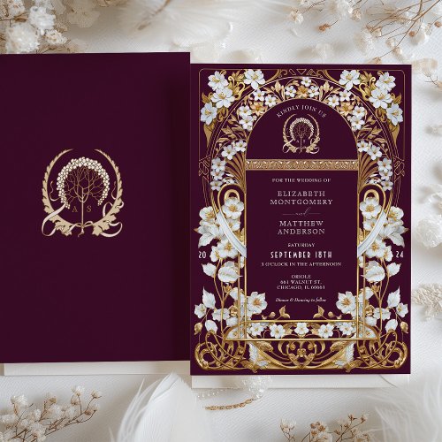 Luxurious Burgundy  Antique Gold Floral Wedding Invitation