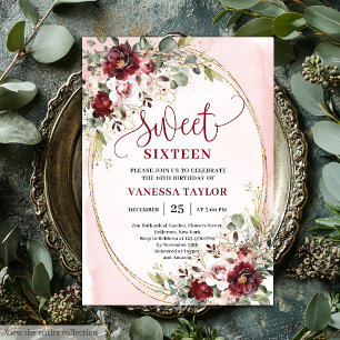 Luxurious Burgundy Blush Floral Sweet Sixteen Card