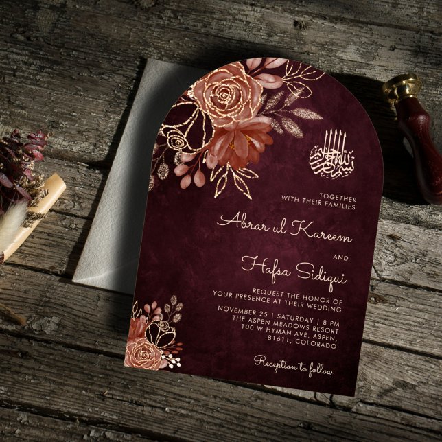 Luxurious Burgundy Floral Islamic Arch Wedding Invitation (Creator Uploaded)