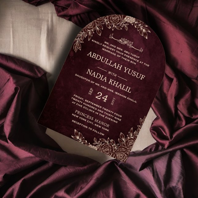 Luxurious Burgundy Floral Islamic Arch Wedding Invitation (Creator Uploaded)