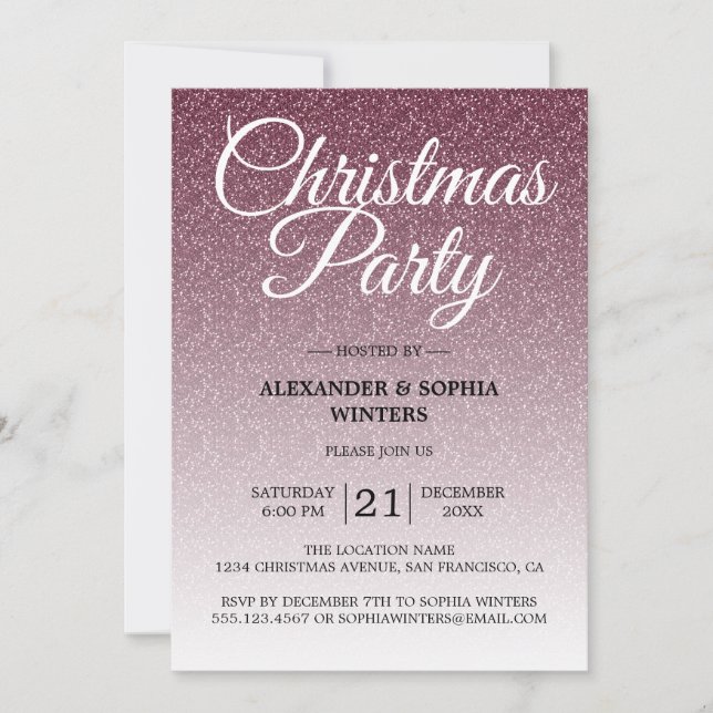 Luxurious Burgundy Glitter Ombre Christmas Party Invitation (Front)