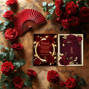 Luxurious Burgundy Red Rose Flamenco Wedding Enclosure Card