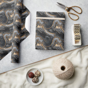 Luxurious Charcoal Gold Fluid Waves Wrapping Paper