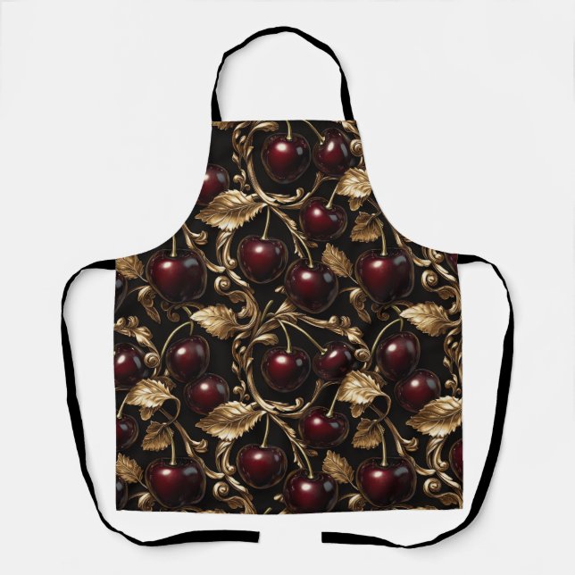 Luxurious Cherry and Gold Baroque Seamless Pattern Apron (Front)