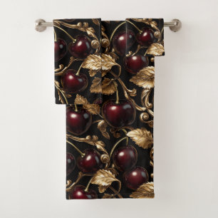Luxurious Cherry and Gold Baroque Seamless Pattern Bath Towel Set