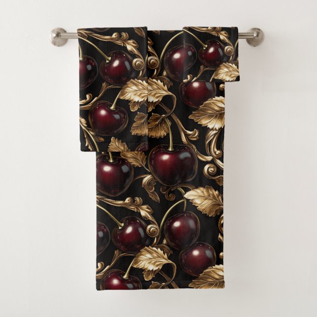 Luxurious Cherry and Gold Baroque Seamless Pattern Bath Towel Set (Insitu)