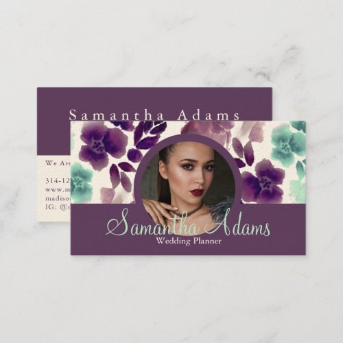 Luxurious Chic Burgundy and Blue Floral Photo Business Card