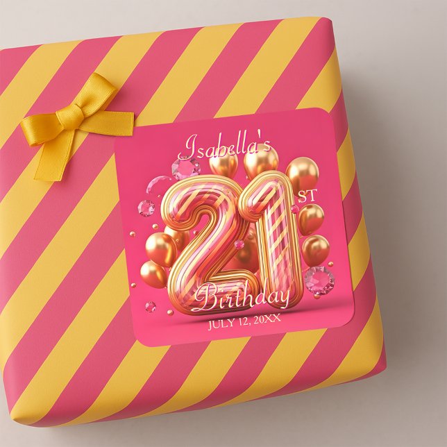 Luxurious Chic Gold and Pink 21st Birthday Square Sticker (Creator Uploaded)