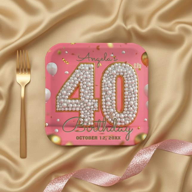 Luxurious Chic Pink Gold and Pearls 40th Birthday Paper Plates (Creator Uploaded)