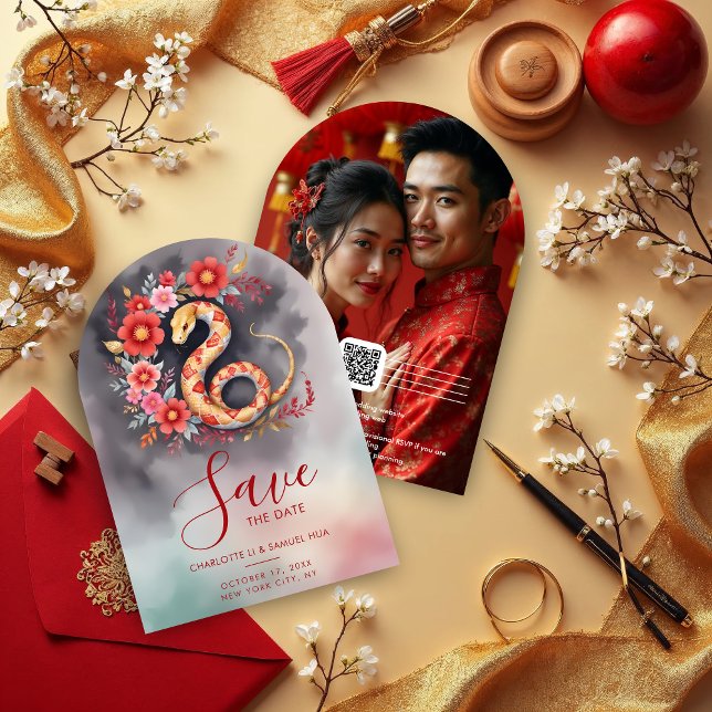 Luxurious Chic Snake Lunar Year Exquisite Floral  Save The Date (Luxurious Chic Snake Celebrating the Lunar Year on Exquisite Floral Background – Chinese Wedding)