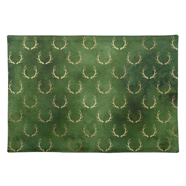LUXURIOUS CHRISTMAS REINDEER GREEN GOLD CLOTH  CLOTH PLACEMAT (Front)
