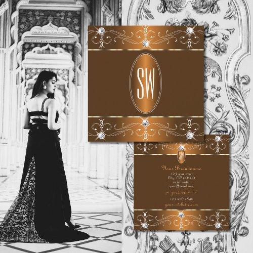 Luxurious Cinnamon Brown Ornate Ornaments Initials Square Business Card