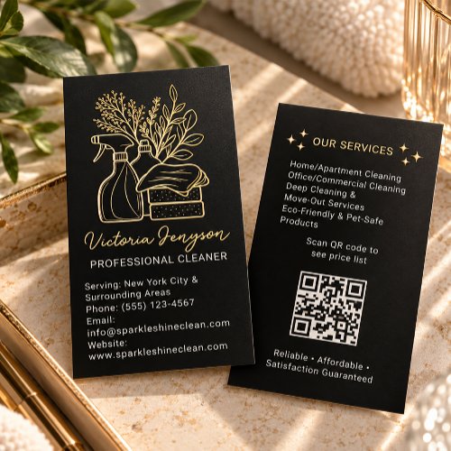 Luxurious Cleaning Service Maid QR Code Black Foil Business Cards