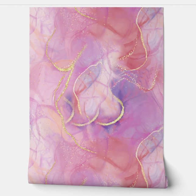 Luxurious Colourful Pinkish Marble & Gold Grains Wallpaper (Unrolling)