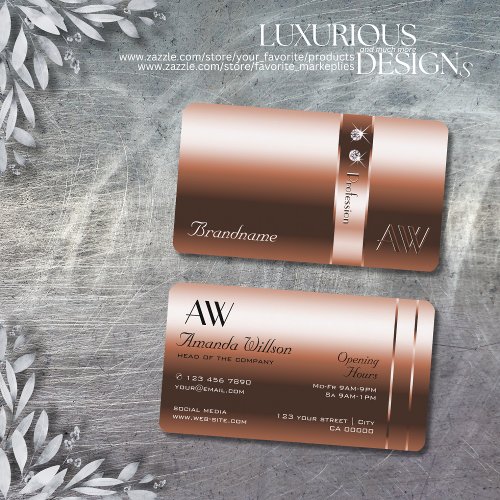 Luxurious Copper Blush Shiny Diamonds and Initials Business Card