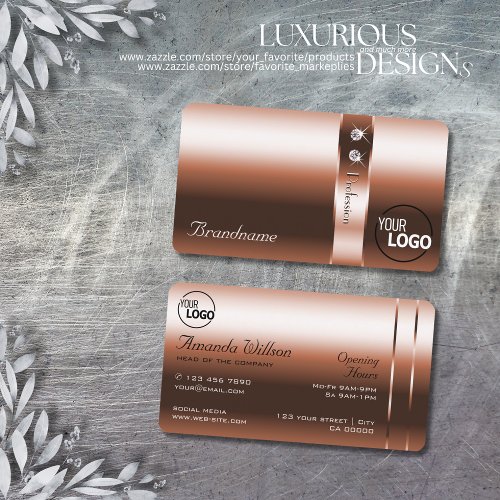 Luxurious Copper Blush Shiny Diamonds and Logo Business Card