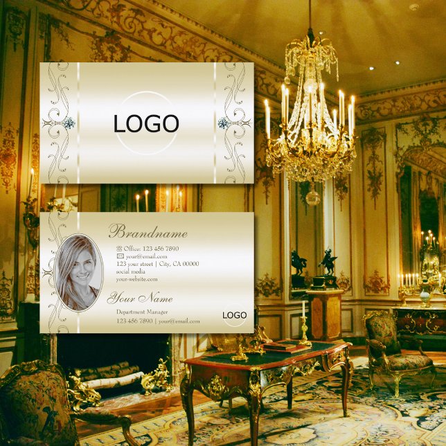 Luxurious Cream Gold Squiggled Jewels Logo & Photo Business Card (Creator Uploaded)