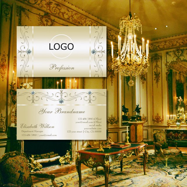 Luxurious Cream Gold Squiggled Jewels with Logo Business Card (Creator Uploaded)