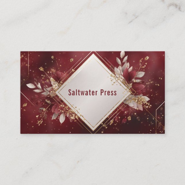 Luxurious Crimson Gold Foil Foliage Diamond Business Card (Front)
