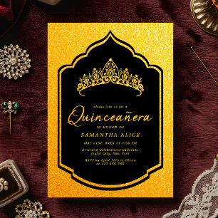 Luxurious Crown Black and Gold Quinceanera Invitation