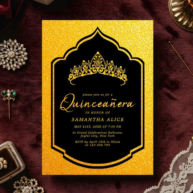 Luxurious Crown Black and Gold Quinceanera Invitation (Creator Uploaded)